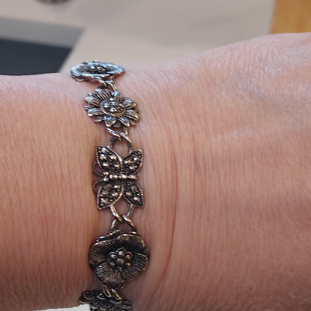 Floral and Butterfly Silver Bracelet